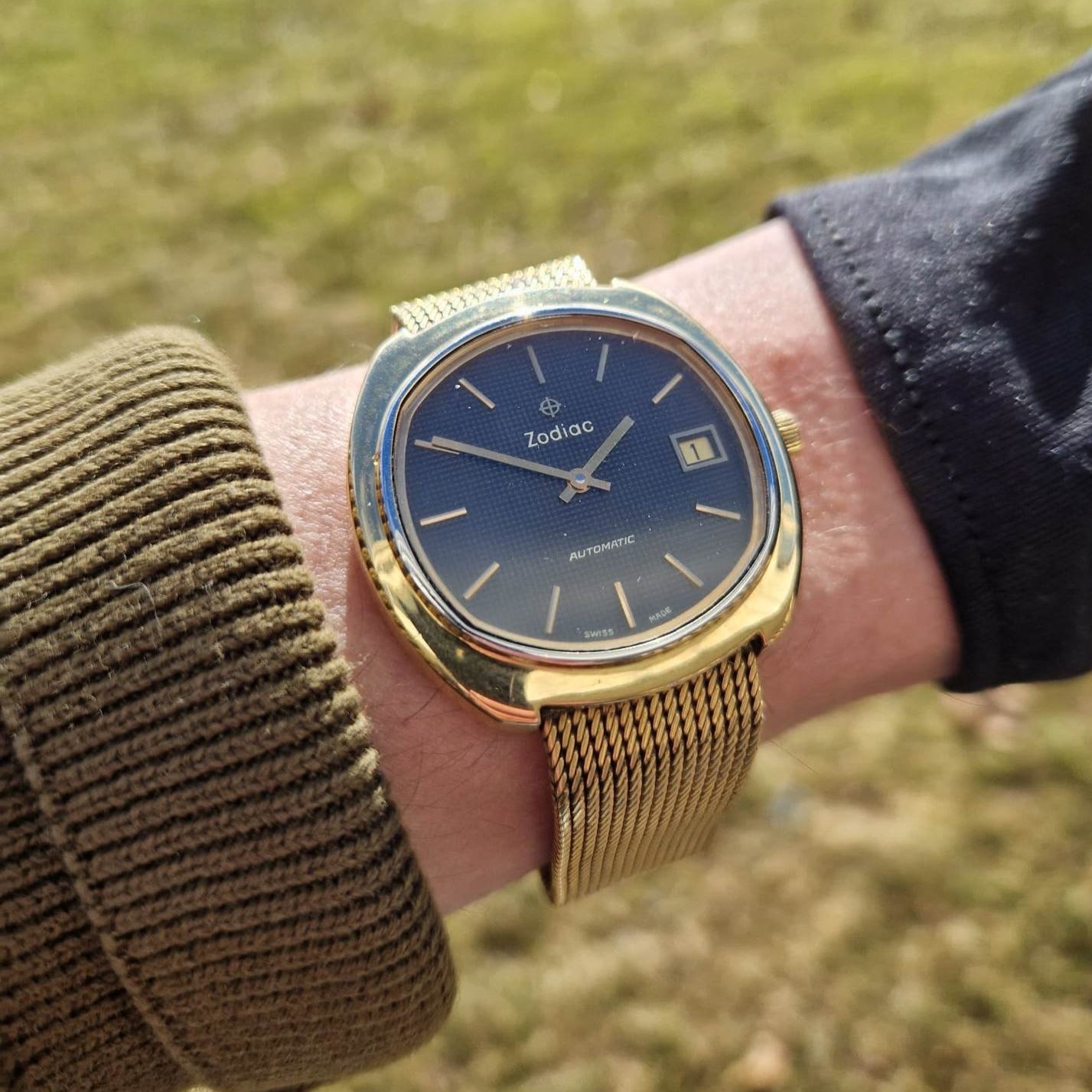 Vintage Zodiac Gold Watch on Wrist, Cal. LTD 104 2892, 1960s Swiss Automatic Timepiece, Tapisserie Dial, 21 Jewels, Men's Luxury Dress/Formal Accessory